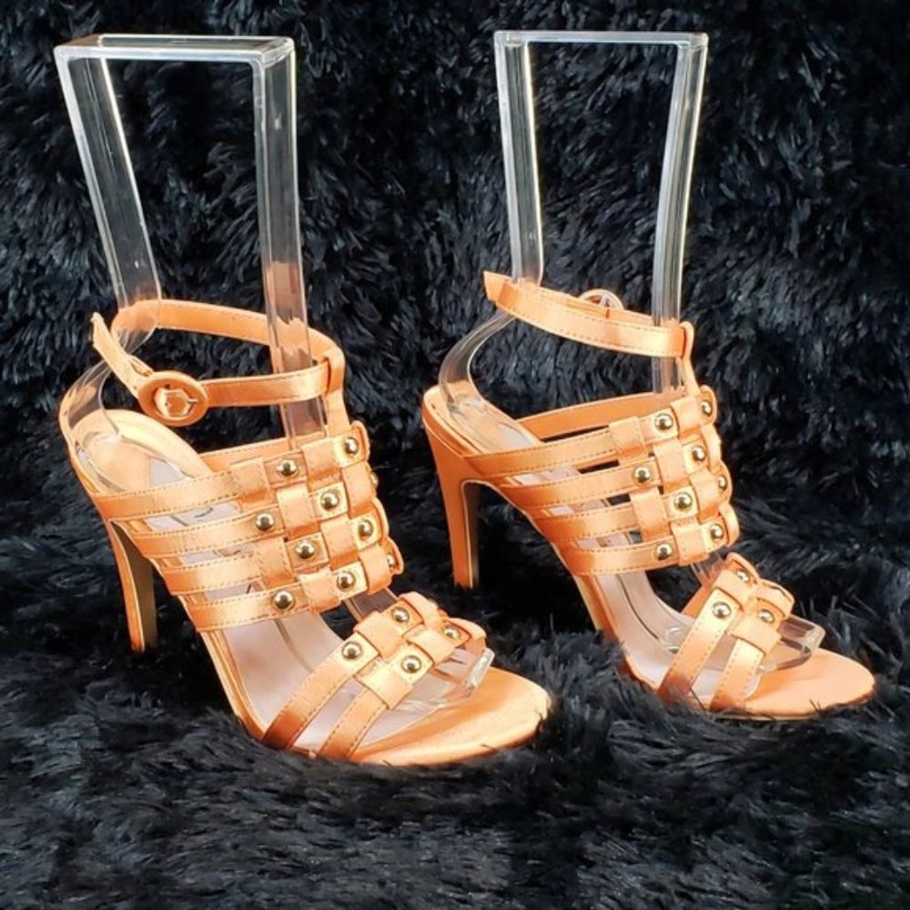 Orange Satin Woven Strap Studded High Heel Shoes